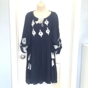 Sand & Spirit Navy 3/4 Sleeve Embroidered Guazy Boho Cotton Dress M